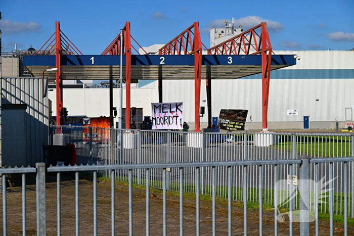 Demonstranten klimmen over hekken van zuivel fabrikant