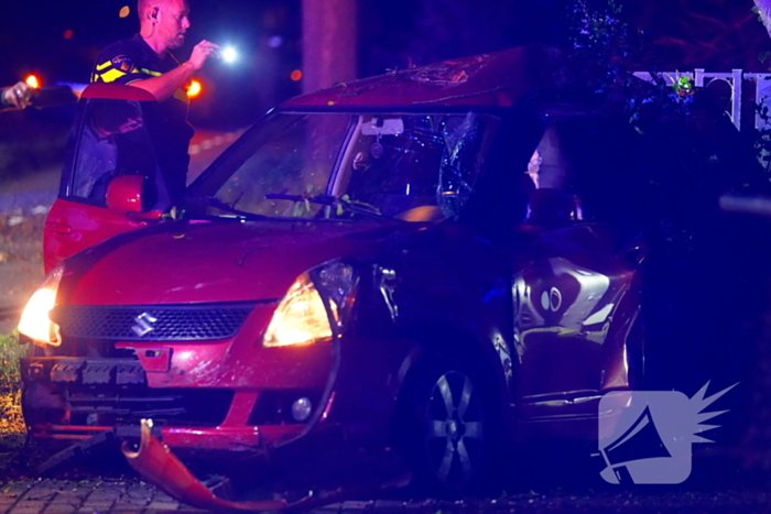 Auto raakt van de weg, botst tegen boom en eindigt in voortuin