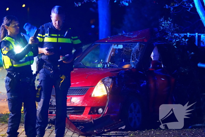 Auto raakt van de weg, botst tegen boom en eindigt in voortuin