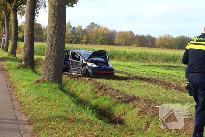 Automobilist klapt op boom en belandt in weiland