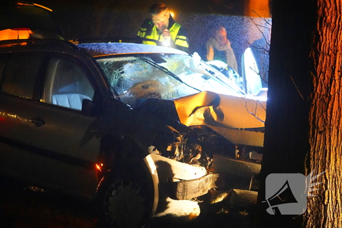 Auto raakt van de weg en botst tegen boom