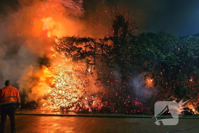 Brandende coniferen haag met tuinslangen geblust