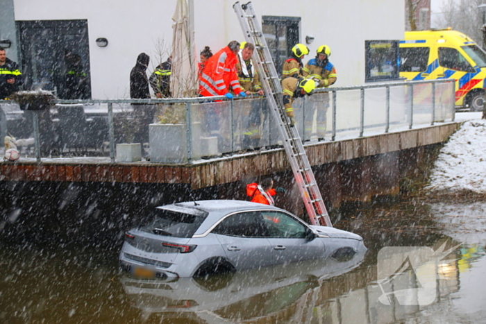 Auto te water, brandweer redt bestuurder uit het koude water